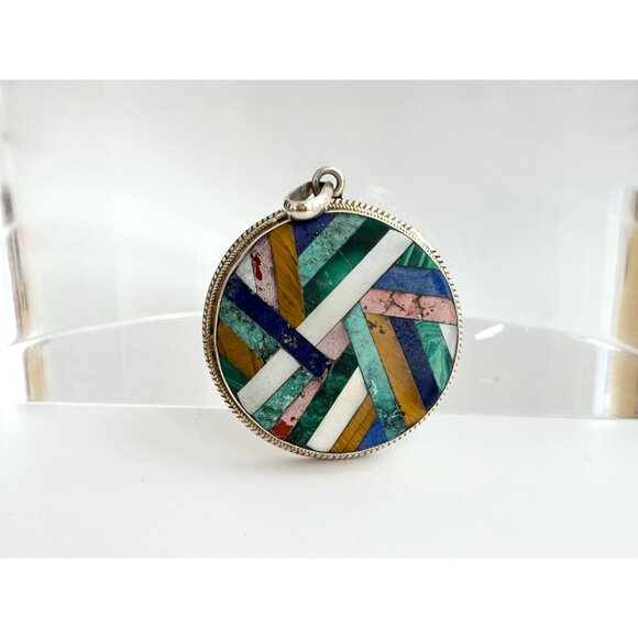 RARE & Stunning Gemstone Inlay Geometric Southwest Artisan 925 Vintage Pendant - Picture 10 of 10